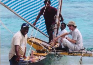 Peter Rudiak-Gould heads out on a canoe from the shore at Ujae Atoll.