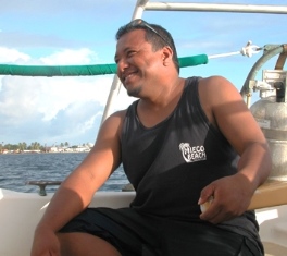 Smithy Briand at the helm of the yacht Seal. Photo: Karen Earnshaw