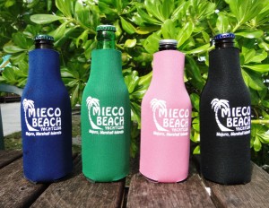 Handy dandy Mieco Beach Yacht Club beer coozies. Photo: Karen Earnshaw