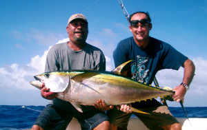 Ronnie Reimers and Cary Evarts pose with their winning yellowfin tuna on Ronnie's boat Kirtake. Photo: Karen Earnshaw