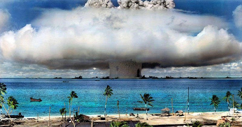 The Baker nuclear explosion at Bikini Atoll on July 25, 1946.