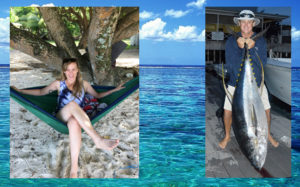 Reef researcher Sara Cannon and Cary Evarts with a huge tuna.