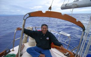 The late Korent Joel pictured on a navigation teaching trip in the mid-2000s in the Marshall Islands. Mr Joel was one of only a handful of Marshall Islanders who still knew traditional wave and star navigation. Photo: Alson Kelen