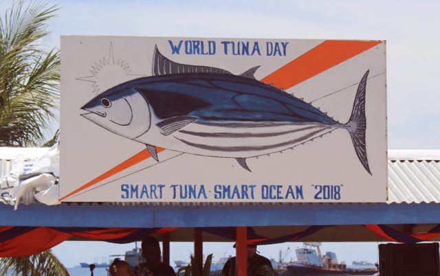 The World Tuna Day sign at Delap Park. Photo: Rebecca Lathrop.