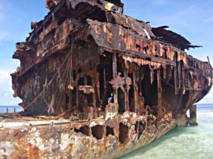 The wreck of the Marshall Islander that sits rotting on Jemo Island. Photo: Nicky deBrum