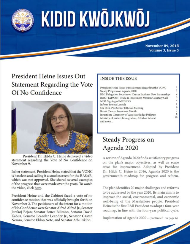 President HIlda Heine's newsletter dated November 9, 2018.