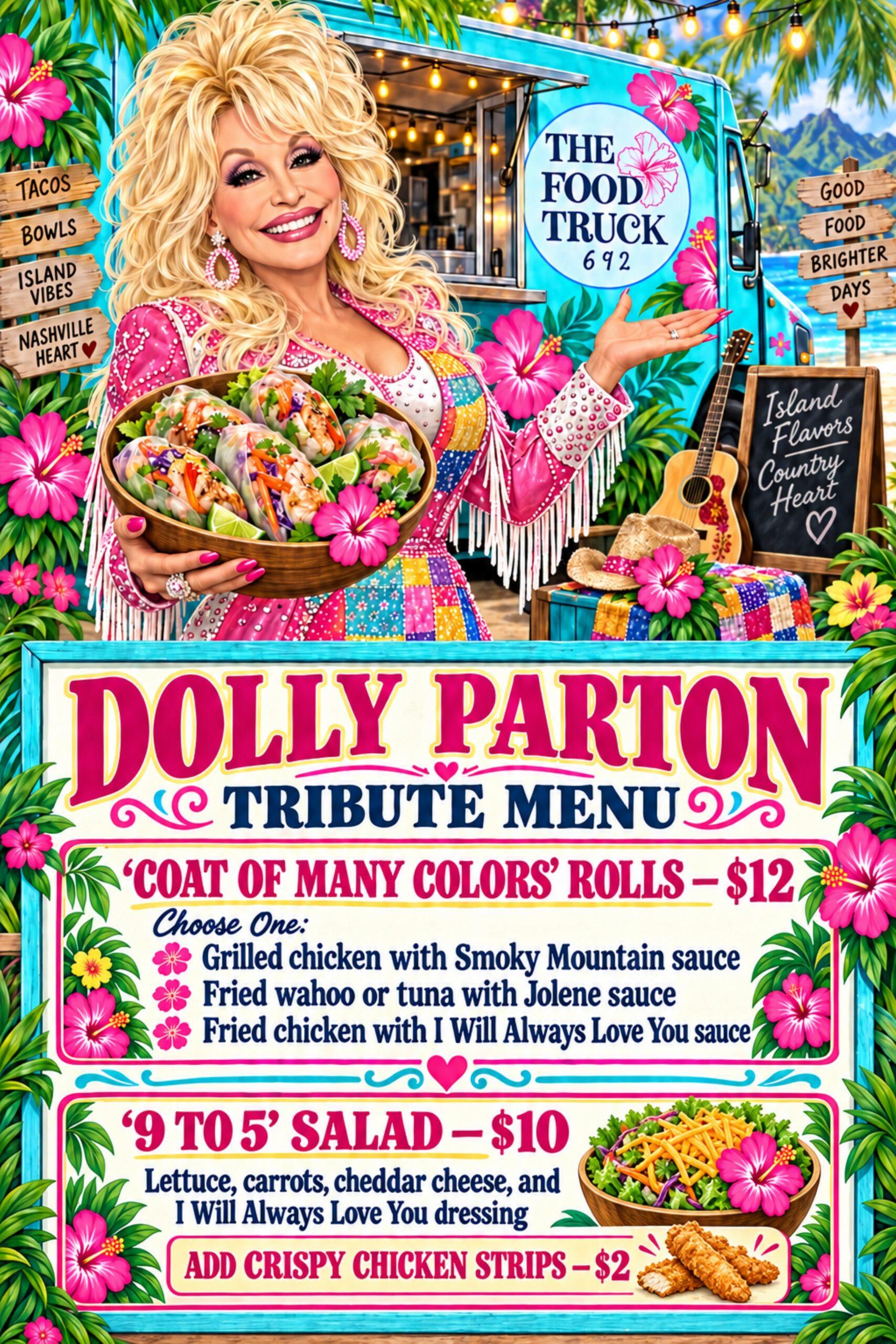 The Food Truck 692 Dolly Parton Tribute Menu, featuring 'Coat of Many Colors' summer rolls and '9 to 5' salad