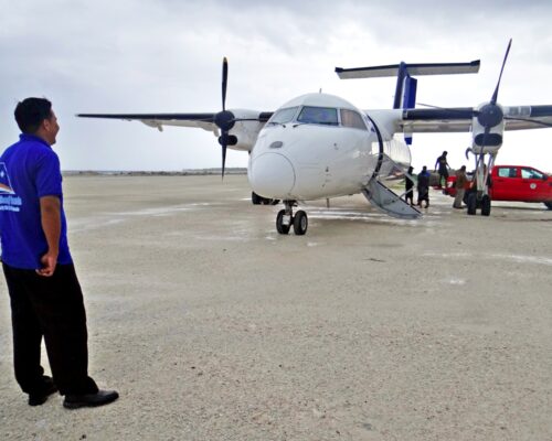 An Air Marshall Islands plane on the tarmac at Jaluit Airport. Photo: Hilary Hosia for the Marshall Islands Journal.