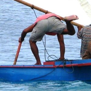 An unusual manouver on a canoe in Likiep. Photo Karen Earnshaw