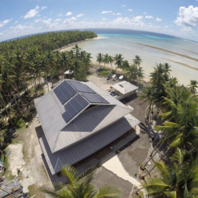 An aerial shot of the main building at the Beran Island resort on Ailinglaplap.