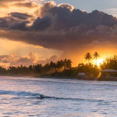 A surfer waits for a wave as the sun dips behind the palm trees near Majuro Bridge. Photo: Jamison Logan.