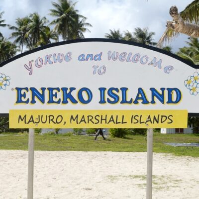 The welcome sign at Eneko Island. Photo: Karen Earnshaw