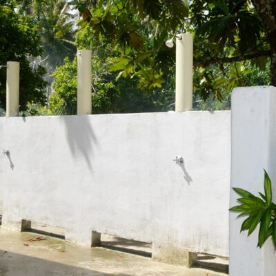 The outdoor shower facility at Eneko Island. Photo: Karen Earnshaw