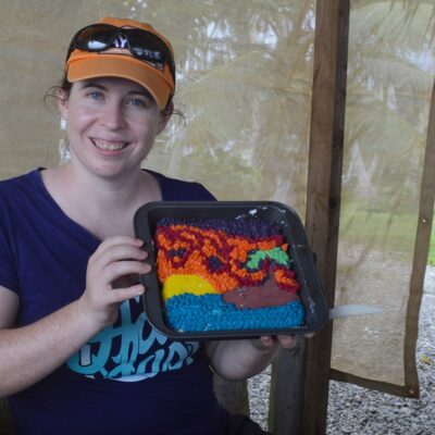 Amy Ishiguro and her pretty chocolate cake. Photo: Karen Earnshaw
