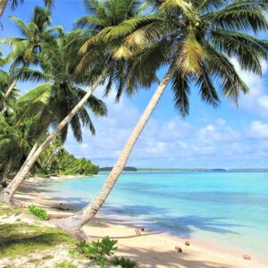 Diboñ island at Lae Atoll. The main island of Lae is in the background at the far right. Photo: Deo Keju.