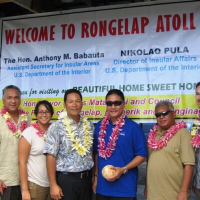 Nik Pula, Kristen, Tony Babauta, James Matayoshi, local official Gerald Zackios and the US Embassy’s Douglas Carey visit Rongelap. Photo: Tom Vance