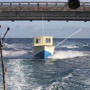 Wasabi powers through Majuro's bridge.