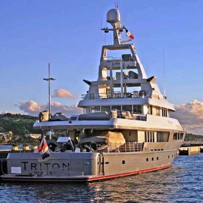 The private yacht Triton flies the RMI flag and has its home port as Bikini. Photo: Unknown