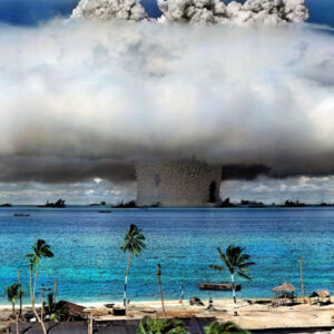 The Baker nuclear explosion at Bikini Atoll on July 25, 1946.