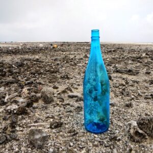 A cool blue glass bottle on the windward side of Bikar atoll. Photo: David Kane