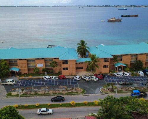 An aerial view of the Marshall Islands Resort showing its solar panel array, installed in March 2026.