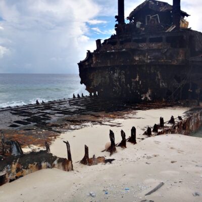 Sand fills the hold of the Marshall Islander at Jemo Island. Photo: Nicky deBrum
