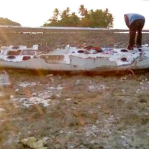 The washed-up hull of Dream Maker at Likiep. Photo: Junior deBrum.