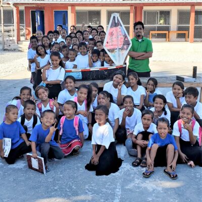Ailuk Elementary School students and their teachers and the SV Liberty in 2020. Photo: Mayor Ankit Typhoon.