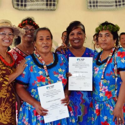 Former Secretary of Internal Affairs, Daisy Momotaro, with weavers on Namdrik Atoll. Photo: USP