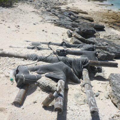 The remains of a raft on a Rongelap beach. Photo: Lanny and Ginger of SwiftSure.