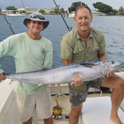 Wasabi Captain Cary Evarts and Willard Lathrop with their 45-pound wahoo. Photo: Karen Earnshaw