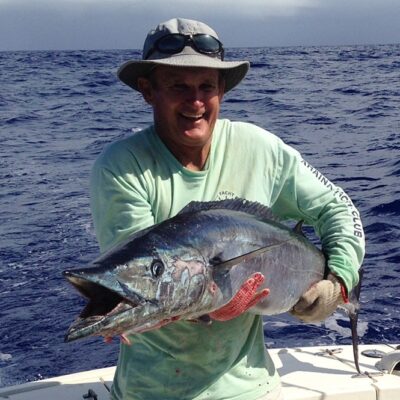 Wasabi Captain Cary Evarts with a 45-pound wahoo. Photo: Willard Lathrop.