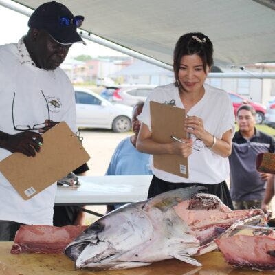The fish fileting section of World Tuna Day at Delap Park. Photo: Rebecca Lathrop.